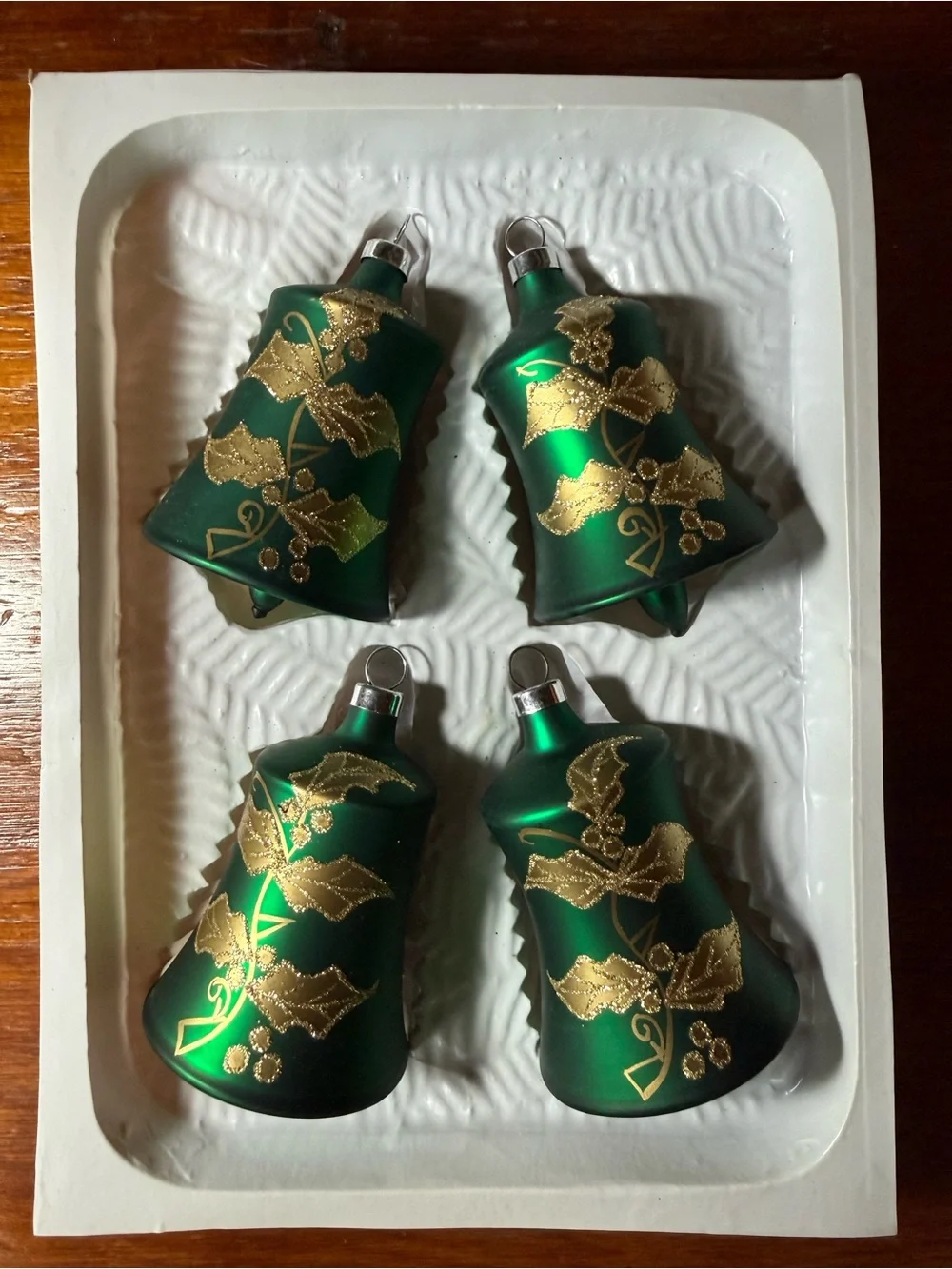 🔔 Vintage Green Glass Bell w/Gold Holly Painted Designs Holiday Ornaments